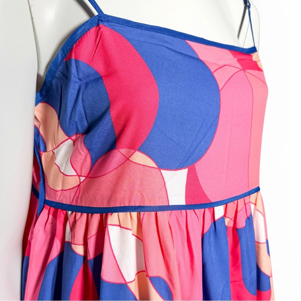 Pink Blue Geometric Resort Maxi Dress Empire Waist Vacation L Pants Store - Picture 2 of 9